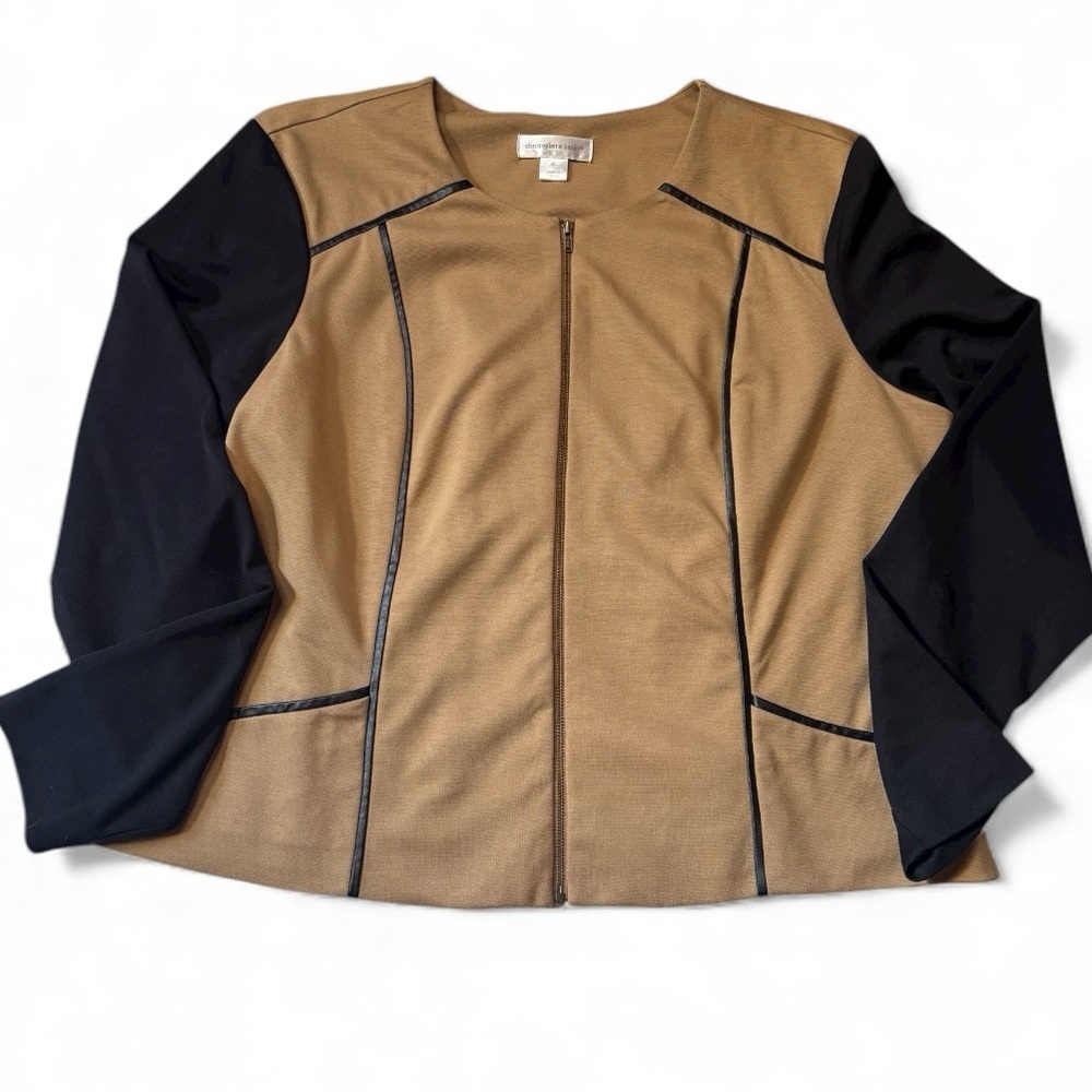 Christopher & Banks Tan Black Zip Front Colorblock Jacket XL Faux Leather Trim